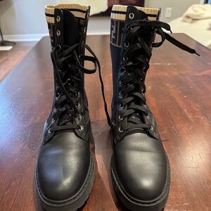 Fendi Black Leather Zucca Stretch Knit Combat Boots